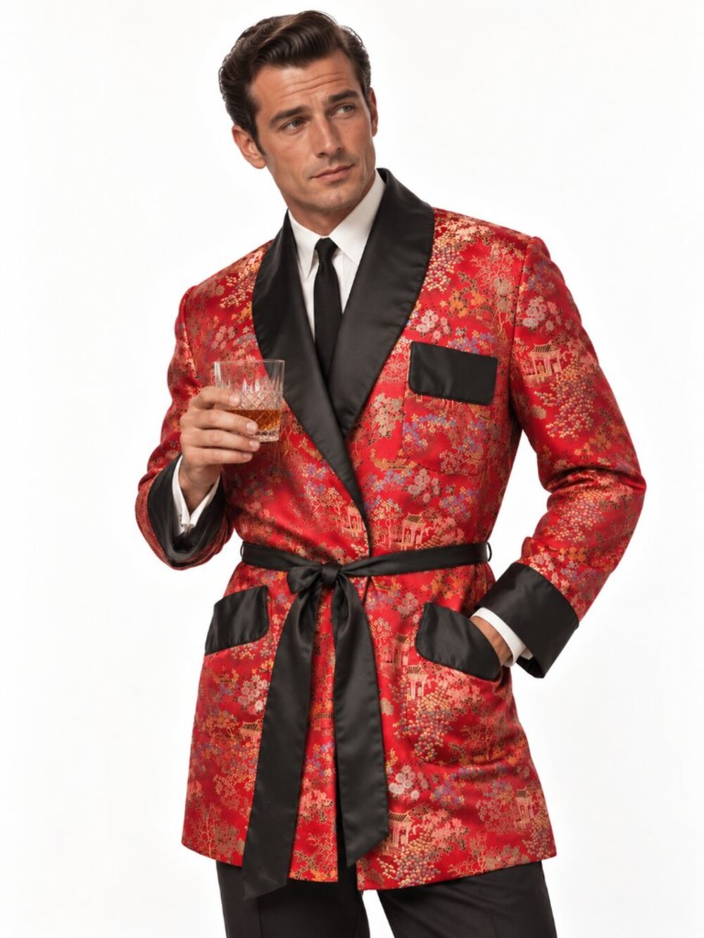 50s Silk Bhana Brocade Belted Smoking Jacket Red Asian 48 Large XL